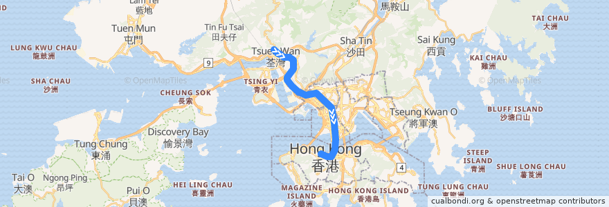 Mapa del recorrido 港鐵荃灣綫 MTR Tsuen Wan Line (北行 Northbound) de la línea  en 香港 Hong Kong.