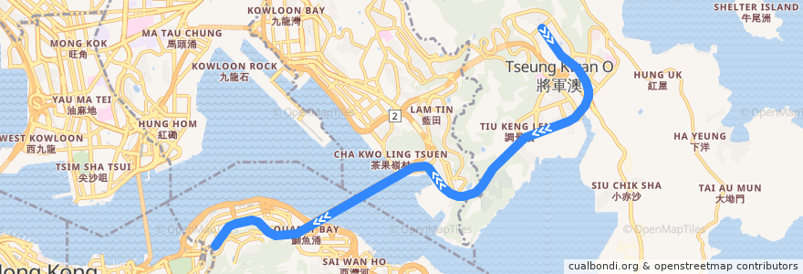 Mapa del recorrido 將軍澳綫 Tseung Kwan O Line (南行 Southbound) de la línea  en 香港.