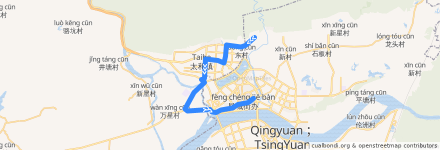 Mapa del recorrido 清远301路公交（田心村→太阳岛） de la línea  en Qingyuan.