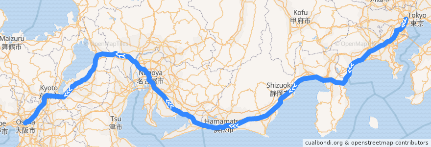 Mapa del recorrido Nozomi: Tokyo - Osaka de la línea  en Japão.