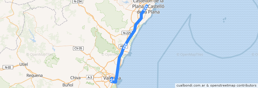 Mapa del recorrido Línea C6 Castellón de la Plana- Valencia (Norte) de la línea  en Valencian Community.