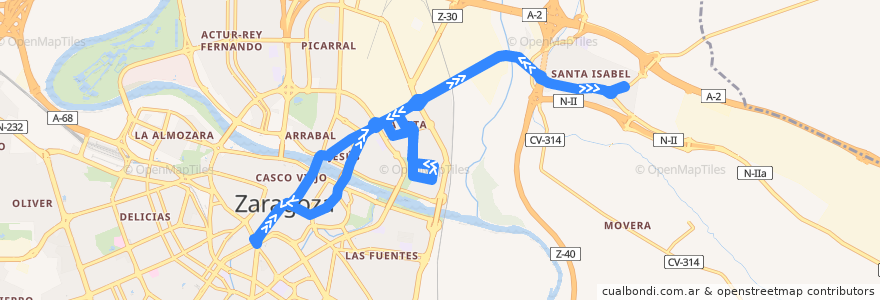 Mapa del recorrido Bus N1: Plaza Aragón - La Jota - Vadorrey - Santa Isabel de la línea  en Saragoça.