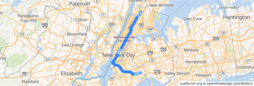 Mapa del recorrido NYCS - 4 Train (late nights): Woodlawn → New Lots Avenue de la línea  en نیویورک.