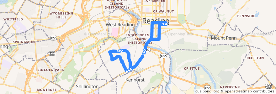 Mapa del recorrido BARTA Route 10 Brookline de la línea  en Reading.