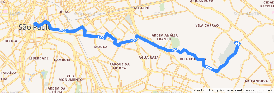 Mapa del recorrido 2100-10 Terminal Vila Carrão → Praça da Sé de la línea  en 聖保羅.