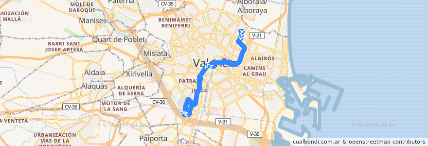 Mapa del recorrido Bus 10: Sant Marcel·lí => Benimaclet de la línea  en Comarca de València.