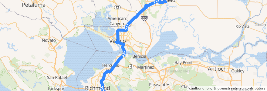 Mapa del recorrido SolanoExpress Red Line: El Cerrito del Norte BART => Vallejo Transit Center => Suisun-Fairfield Amtrak de la línea  en California.