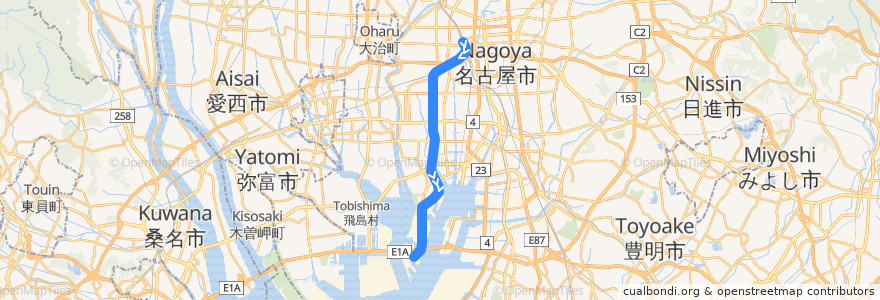 Mapa del recorrido あおなみ線 de la línea  en Nagoya.