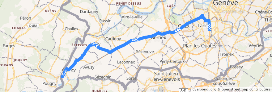 Mapa del recorrido Bus K: Stade de Genève → Chancy de la línea  en Genève.