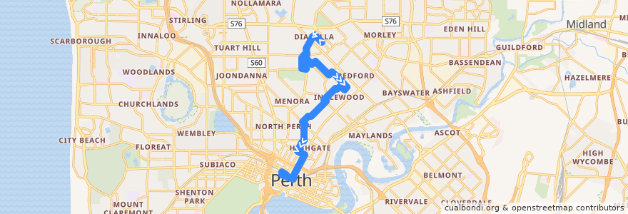 Mapa del recorrido 16T Dianella Library → Perth Busport de la línea  en Western Australia.