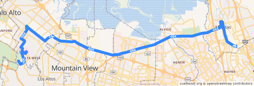 Mapa del recorrido VTA 104: Milpitas Bart => Stanford Research Park (mornings) de la línea  en Santa Clara County.