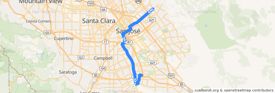 Mapa del recorrido VTA 64A: McKee & White => San Jose Diridon => Ohlone/Chynoweth de la línea  en 聖荷西.