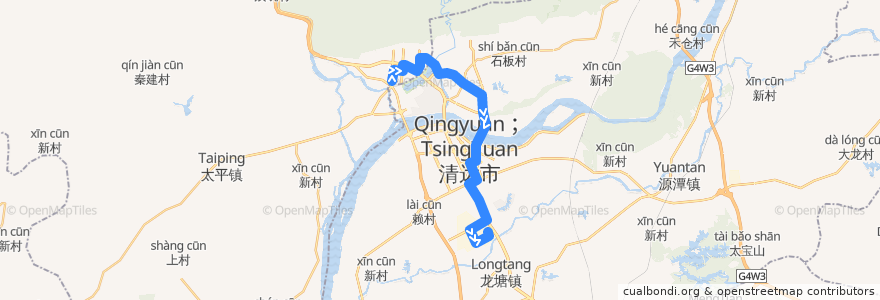 Mapa del recorrido 清远303路公交（城北客运站→高新区医院） de la línea  en 清城区.