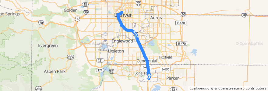 Mapa del recorrido RTD F Line → 18th & California de la línea  en 科罗拉多州 / 科羅拉多州.