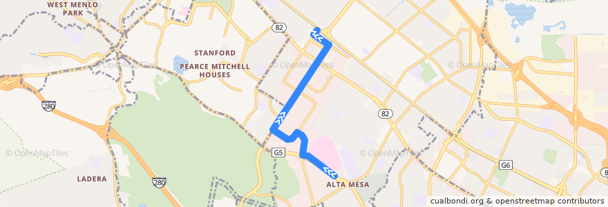 Mapa del recorrido Stanford Research Park California Avenue Miranda Shuttle: 4003 Miranda Avenue => California Avenue Caltrain (evenings) de la línea  en 팰로앨토.