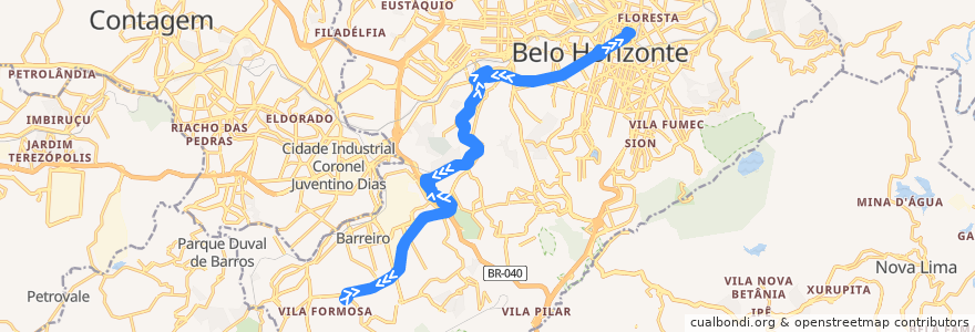 Mapa del recorrido 30 - Estação Diamante/Centro (direta) de la línea  en بيلو هوريزونتي.