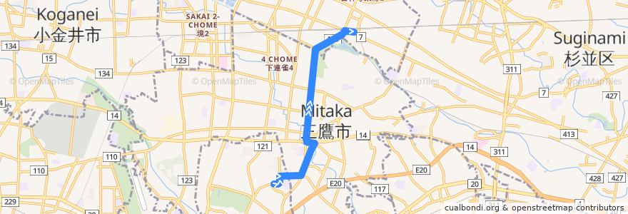 Mapa del recorrido Bus 吉04 野ヶ谷->吉祥寺駅 de la línea  en 東京都.