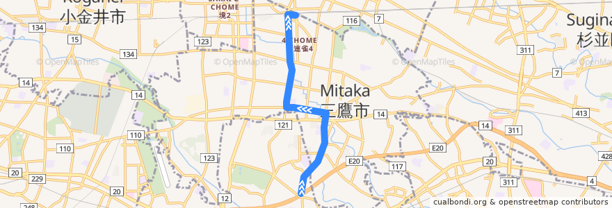 Mapa del recorrido Bus 鷹54 晃華学園東->三鷹駅 de la línea  en 東京都.