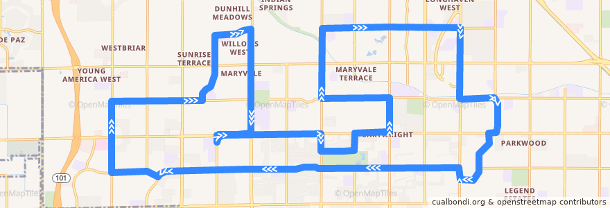 Mapa del recorrido bus MARY Clockwise de la línea  en 菲尼克斯 / 鳳凰城.