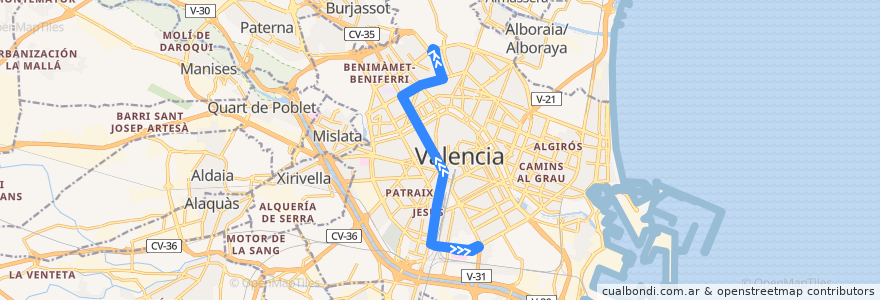 Mapa del recorrido Bus 64: Est. J. Sorolla/Nou Hosp. la Fe => Benicalap de la línea  en Comarca de València.
