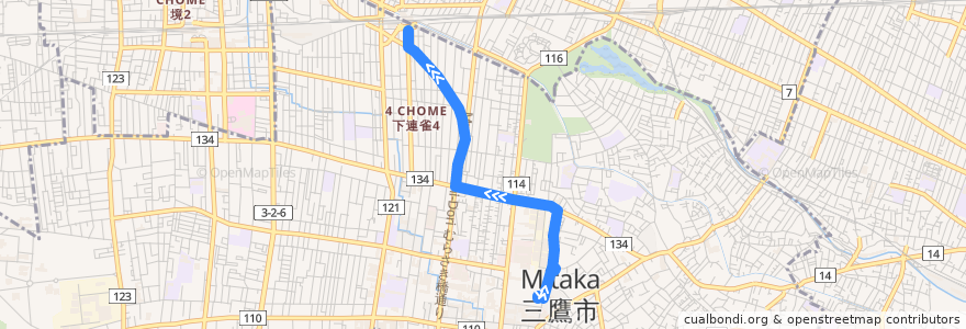 Mapa del recorrido Bus 鷹63 杏林大学井の頭キャンパス->三鷹駅 de la línea  en 東京都.