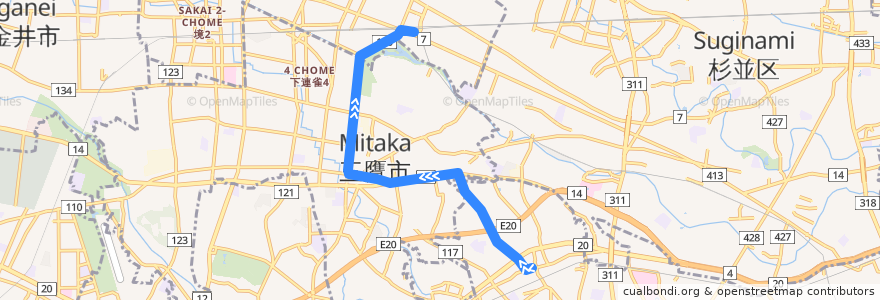 Mapa del recorrido Bus 吉02 千歳烏山駅北口->吉祥寺駅 de la línea  en Tokio.
