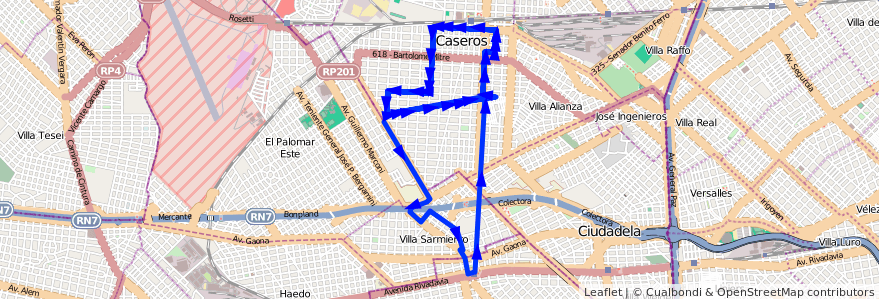 Mapa del recorrido R2 Almagro-R.Mejia de la línea 181 en Buenos Aires.
